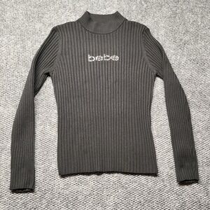 Black Bebe Ribbed Long Sleeve Vintage Y2K Sweater Size Extra Large Fitted 2000s